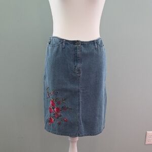 NY Jeans Denim Midi Skirt With  Embroidered Flowers In Red And Blue Size 12